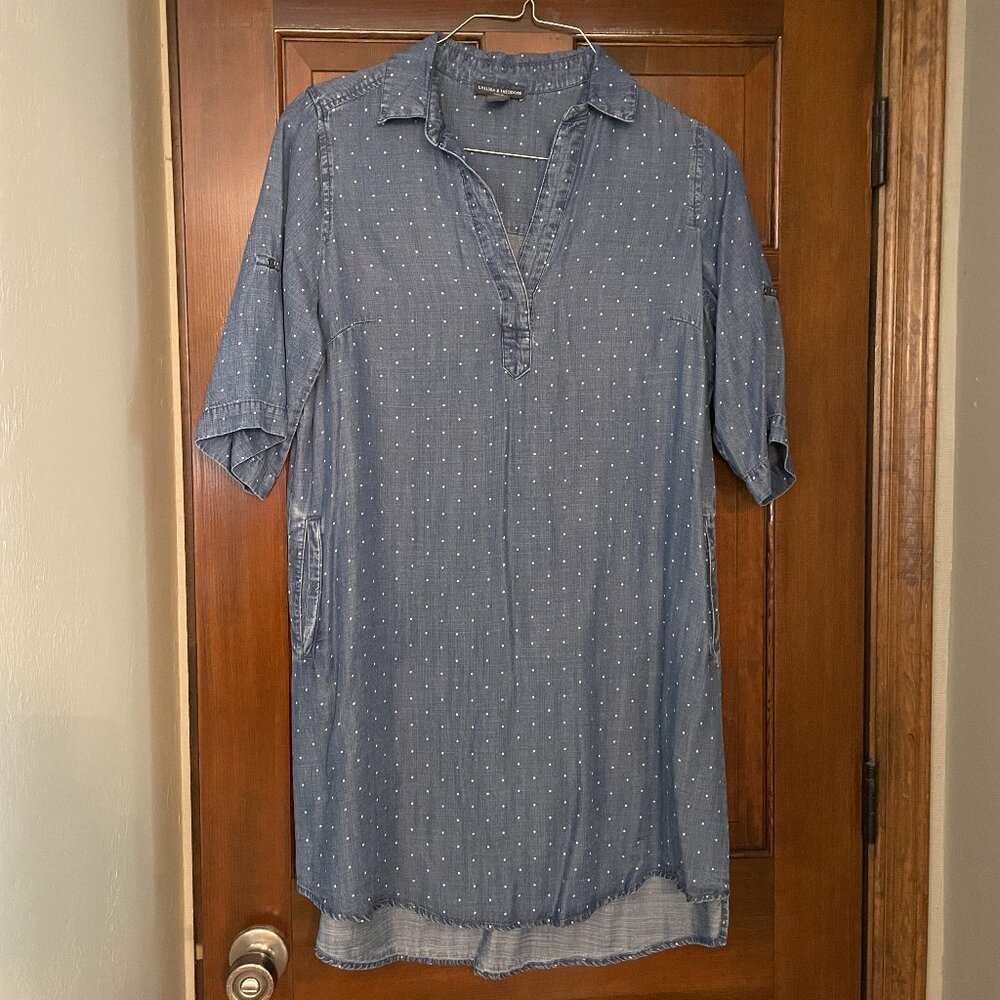 Size OX Chelsea & Theodore polka dot chambray shirt dress